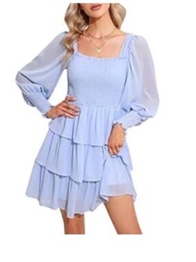 Light Blue Smocked Square-Neck Tiered Mini Dress size medium
